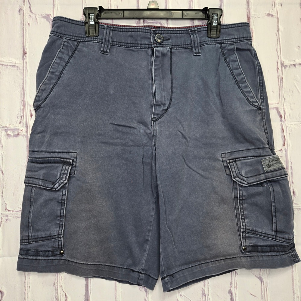 Y2k Unionbay Mens Cargo Shorts Blue‎ Sz 34 Cotton Spandex Utility Pockets Casual